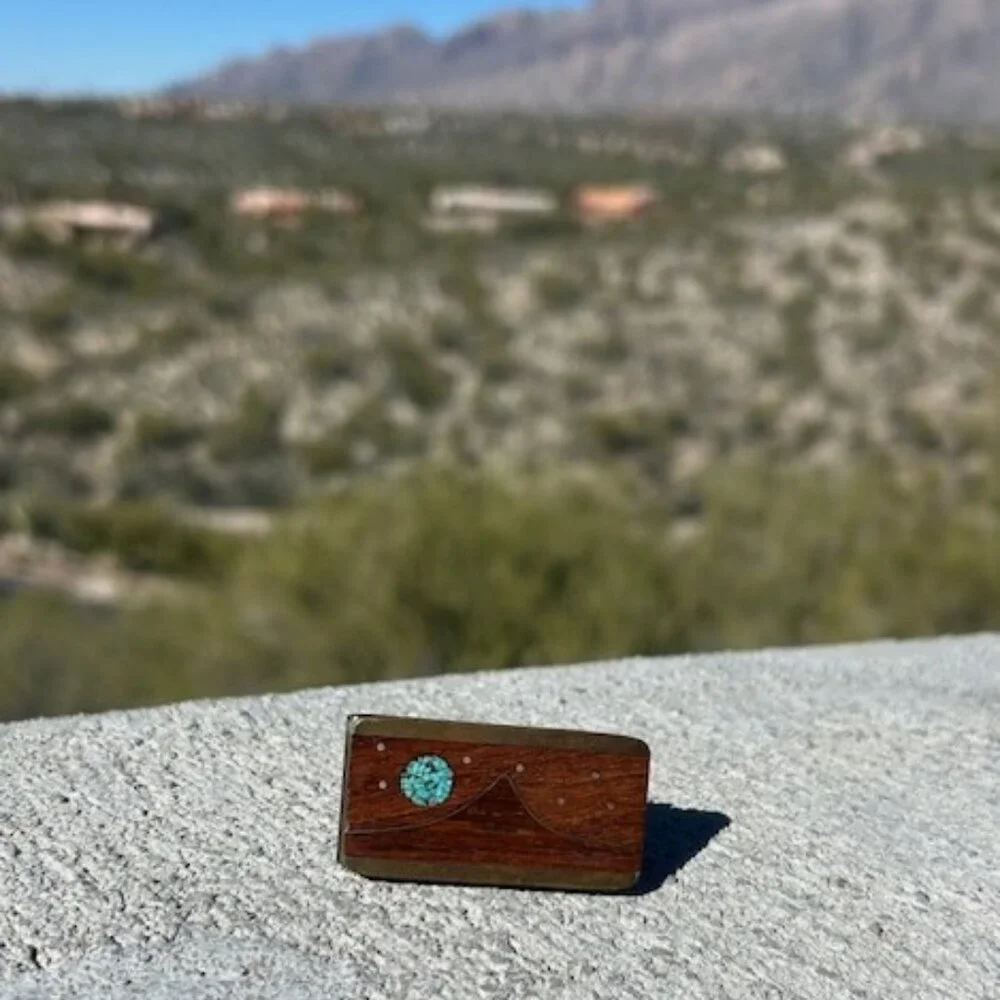 KENNETH REED Wood Brass Turquoise Inlay MONEY CLIP
